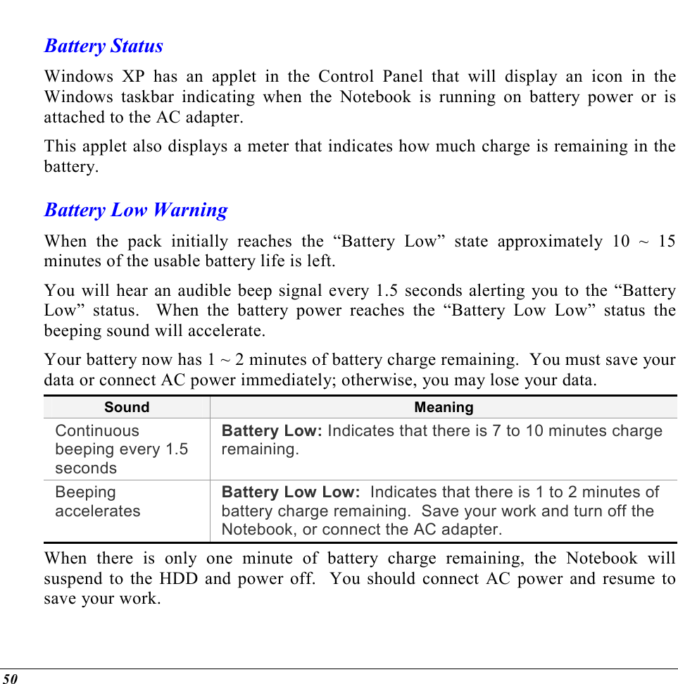  50 Battery Status Windows XP has an applet in the Control Panel that will display an icon in the Windows taskbar indicating when the Notebook is running on battery power or is attached to the AC adapter.   This applet also displays a meter that indicates how much charge is remaining in the battery.  Battery Low Warning  When the pack initially reaches the “Battery Low” state approximately 10 ~ 15 minutes of the usable battery life is left.   You will hear an audible beep signal every 1.5 seconds alerting you to the “Battery Low” status.  When the battery power reaches the “Battery Low Low” status the beeping sound will accelerate.   Your battery now has 1 ~ 2 minutes of battery charge remaining.  You must save your data or connect AC power immediately; otherwise, you may lose your data. Sound  Meaning Continuous beeping every 1.5 seconds Battery Low: Indicates that there is 7 to 10 minutes charge remaining.   Beeping accelerates Battery Low Low:  Indicates that there is 1 to 2 minutes of battery charge remaining.  Save your work and turn off the Notebook, or connect the AC adapter. When there is only one minute of battery charge remaining, the Notebook will suspend to the HDD and power off.  You should connect AC power and resume to save your work. 