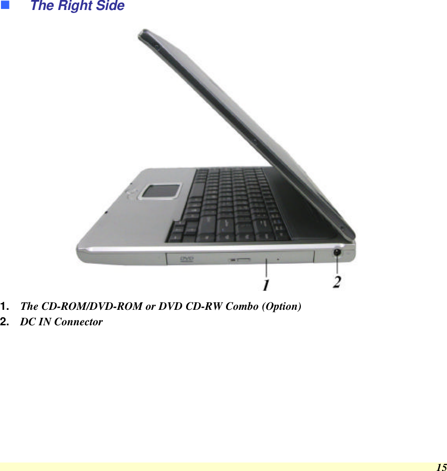  15 n The Right Side  1. The CD-ROM/DVD-ROM or DVD CD-RW Combo (Option) 2. DC IN Connector  