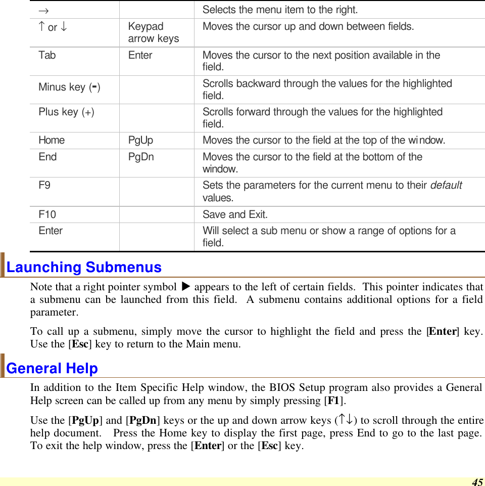  45 →  Selects the menu item to the right. ↑ or ↓ Keypad arrow keys Moves the cursor up and down between fields. Tab Enter Moves the cursor to the next position available in the field. Minus key (-)  Scrolls backward through the values for the highlighted field. Plus key (+)    Scrolls forward through the values for the highlighted field. Home PgUp Moves the cursor to the field at the top of the window. End PgDn Moves the cursor to the field at the bottom of the window. F9    Sets the parameters for the current menu to their default values. F10    Save and Exit. Enter    Will select a sub menu or show a range of options for a field. Launching Submenus Note that a right pointer symbol u appears to the left of certain fields.  This pointer indicates that a submenu can be launched from this field.  A submenu contains additional options for a field parameter.   To call up a submenu, simply move the cursor to highlight the field and press the [Enter] key.  Use the [Esc] key to return to the Main menu. General Help In addition to the Item Specific Help window, the BIOS Setup program also provides a General Help screen can be called up from any menu by simply pressing [F1].   Use the [PgUp] and [PgDn] keys or the up and down arrow keys (↑↓) to scroll through the entire help document.   Press the Home key to display the first page, press End to go to the last page.  To exit the help window, press the [Enter] or the [Esc] key.  