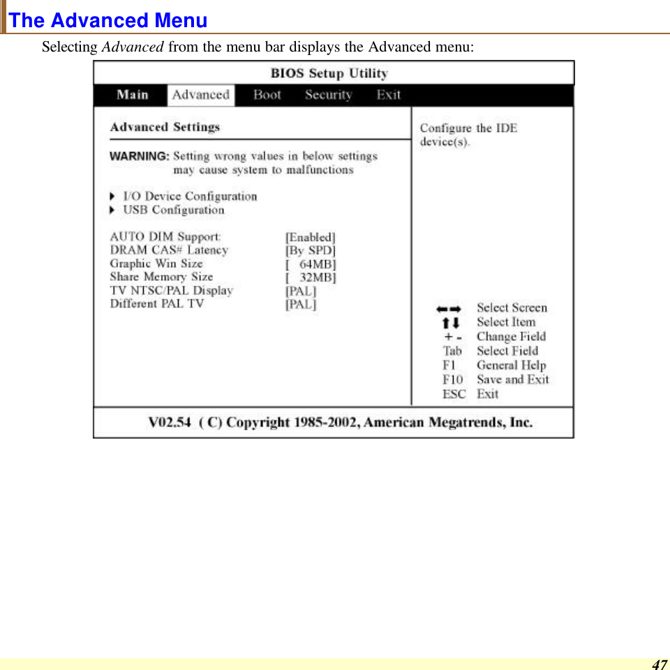  47 The Advanced Menu Selecting Advanced from the menu bar displays the Advanced menu:   
