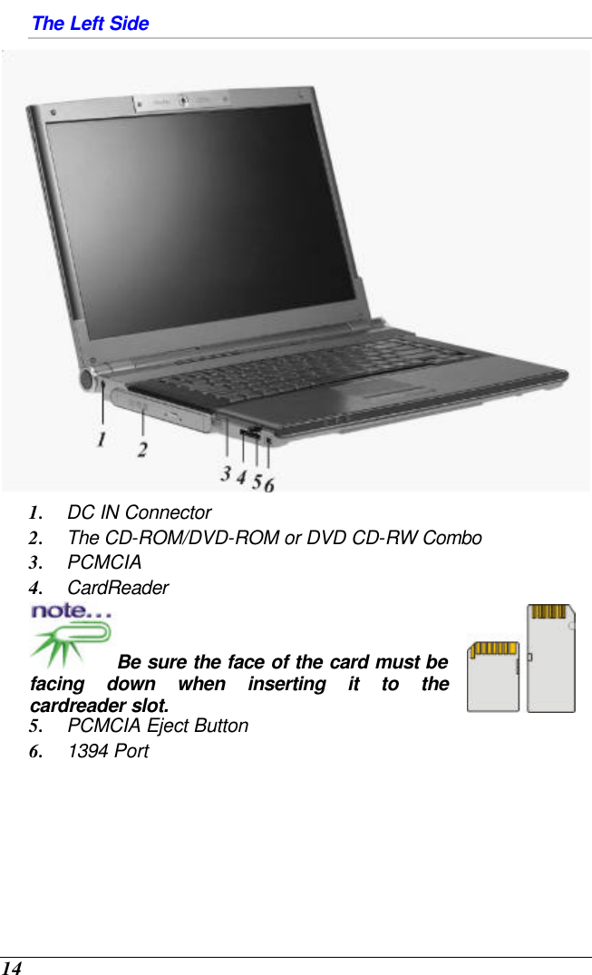  14 The Left Side  1. DC IN Connector 2. The CD-ROM/DVD-ROM or DVD CD-RW Combo 3. PCMCIA 4. CardReader Be sure the face of the card must be facing down when inserting it to the cardreader slot.  5. PCMCIA Eject Button 6. 1394 Port 