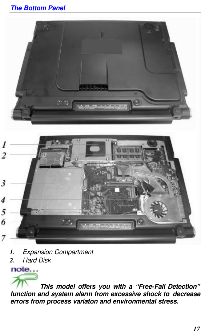  17 The Bottom Panel  1. Expansion Compartment 2. Hard Disk This model offers you with a “Free-Fall Detection” function and system alarm from excessive shock to  decrease errors from process variaton and environmental stress. 