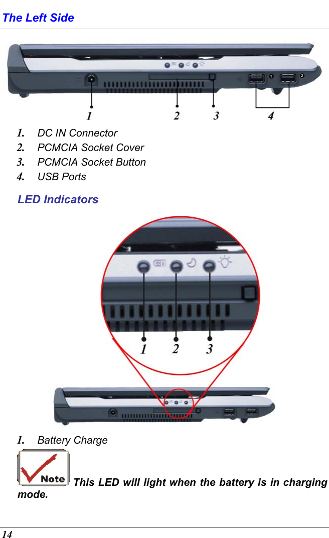  14 The Left Side  1.  DC IN Connector 2.  PCMCIA Socket Cover  3.  PCMCIA Socket Button  4.  USB Ports LED Indicators  1.  Battery Charge   This LED will light when the battery is in charging mode.     
