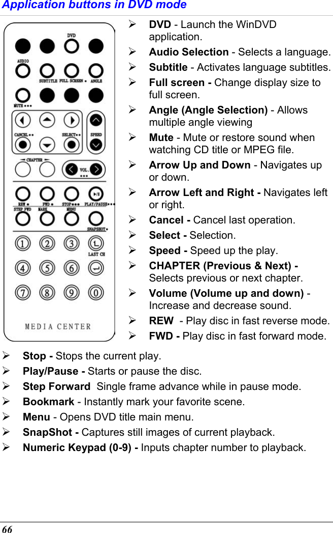  66 Application buttons in DVD mode  DVD - Launch the WinDVD application.  Audio Selection - Selects a language.  Subtitle - Activates language subtitles.  Full screen - Change display size to full screen.  Angle (Angle Selection) - Allows multiple angle viewing  Mute - Mute or restore sound when watching CD title or MPEG file.  Arrow Up and Down - Navigates up or down.  Arrow Left and Right - Navigates left or right.  Cancel - Cancel last operation.  Select - Selection.  Speed - Speed up the play.  CHAPTER (Previous &amp; Next) - Selects previous or next chapter.  Volume (Volume up and down) - Increase and decrease sound.  REW  - Play disc in fast reverse mode.  FWD - Play disc in fast forward mode.  Stop - Stops the current play.  Play/Pause - Starts or pause the disc.  Step Forward  Single frame advance while in pause mode.  Bookmark - Instantly mark your favorite scene.  Menu - Opens DVD title main menu.  SnapShot - Captures still images of current playback.  Numeric Keypad (0-9) - Inputs chapter number to playback. 