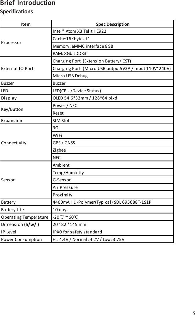 5Brief IntroductionSpecificationsItem Spec DescriptionIntel® Atom X3 Telit HE922Cache:16Kbytes L1Memory: eMMC interface 8GB RAM: 8Gb LDDR3Charging Port  (Extension Battery/ CST)Charging Port  (Micro USB output5V3A / input 110V~240V)Micro USB DebugBuzzer BuzzerLED LED(CPU /Devi ce Status)Display OLED 54.6*32mm / 128*64 pixdPower / NFCResetExpansion SIM Slot3GWiFiGPS / GNSSZigbeeNFCAmbi entTemp/HumidityG-SensorAir PressureProximityBattery 4400mAH Li-Polymer(Typical) SDL 695688T-1S1PBattery Life 10 daysOpera ti ng Temperature -20℃ ~ 60℃Dimension (h/w/l) 20* 82 *145 mmIP Level IPX0 for safety standardPower Consumption Hi: 4.4V / Normal: 4.2V / Low: 3.75VConnectivitySensorProcessor External  IO PortKey/Button