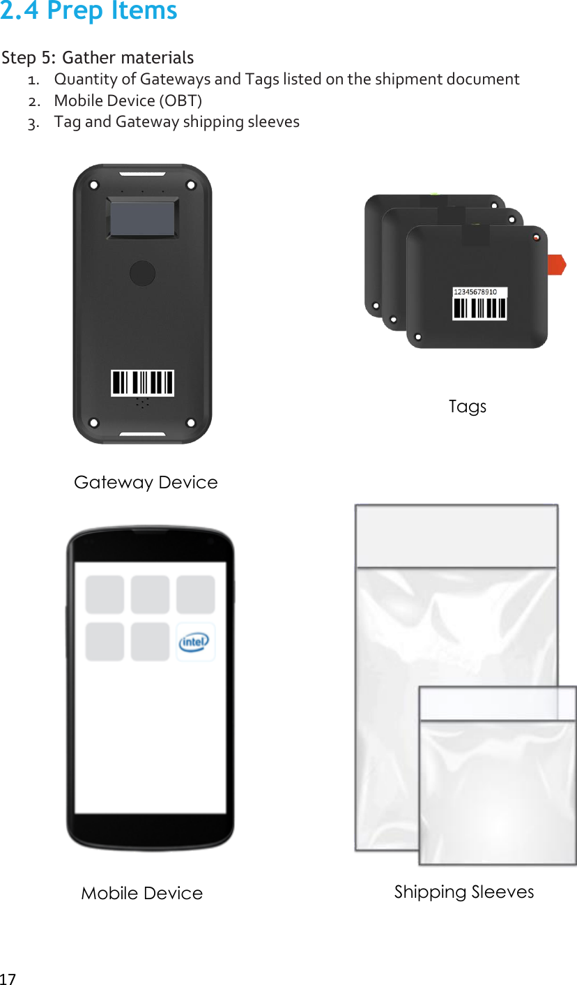  17 2.4 Prep Items              Step 5: Gather materials 1. Quantity of Gateways and Tags listed on the shipment document 2. Mobile Device (OBT) 3. Tag and Gateway shipping sleeves Gateway Device Mobile Device Shipping Sleeves Tags 