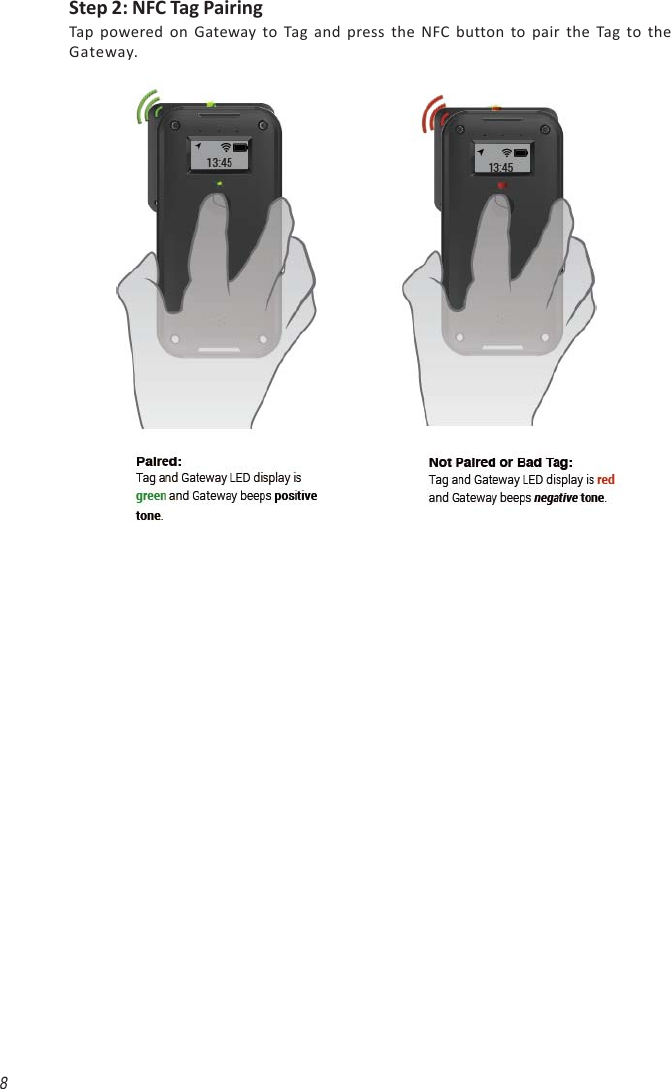 8Step 2: NFC Tag PairingTap powered on Gateway to Tag and press the NFC button to pair the Tag to theGateway.