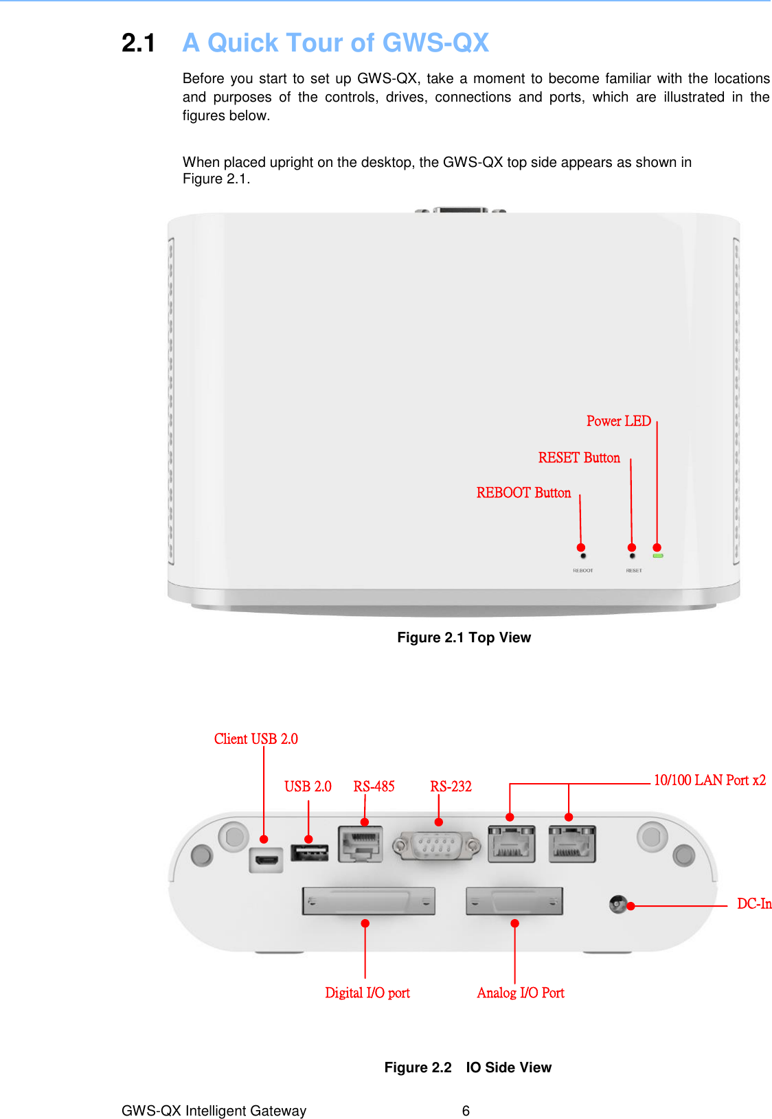         2.1  A Quick Tour of GWS-QX  Before you start to set up GWS-QX, take a moment to become familiar with the locations and  purposes  of  the  controls,  drives,  connections  and  ports,  which  are  illustrated  in  the figures below. When placed upright on the desktop, the GWS-QX top side appears as shown in   Figure 2.1. Figure 2.1 Top View Figure 2.2    IO Side View GWS-QX Intelligent Gateway  6 REBOOT Button RESET Button Power LED DC-In   10/100 LAN Port x2 Analog I/O Port Digital I/O port Client USB 2.0 RS-485 USB 2.0 RS-232   