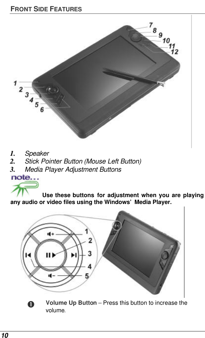  10 FRONT SIDE FEATURES  11..  Speaker 22..  Stick Pointer Button (Mouse Left Button) 33..  Media Player Adjustment Buttons  Use these buttons for adjustment when you are playing any audio or video files using the Windows’ Media Player.   Œ Volume Up Button – Press this button to increase the volume. 