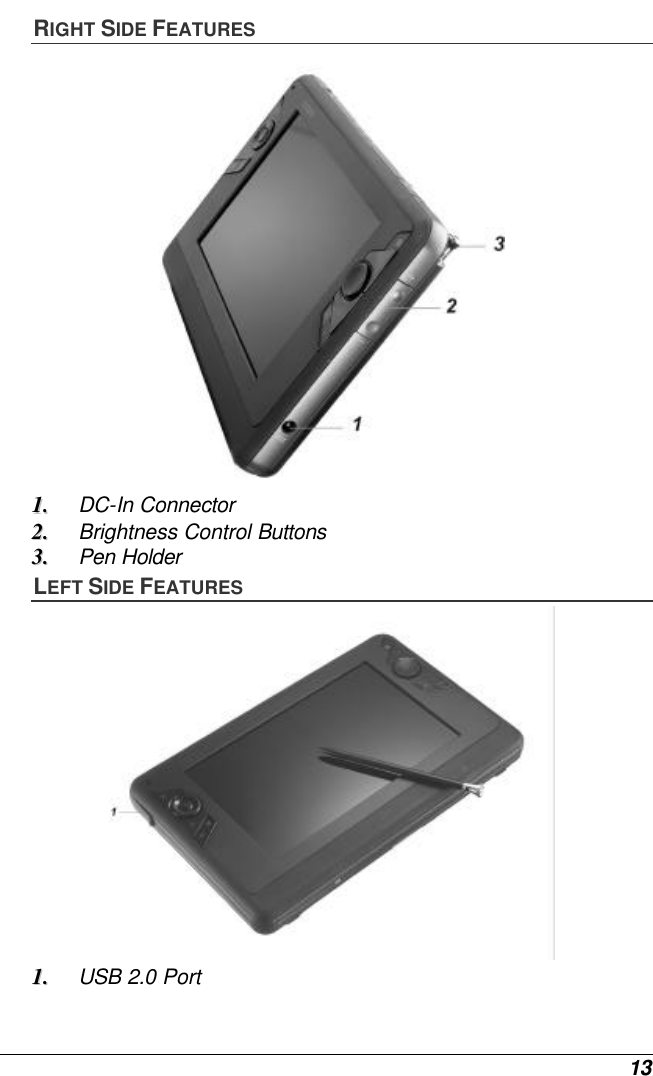  13 RIGHT SIDE FEATURES  11..  DC-In Connector 22..  Brightness Control Buttons 33..  Pen Holder LEFT SIDE FEATURES  11..  USB 2.0 Port 