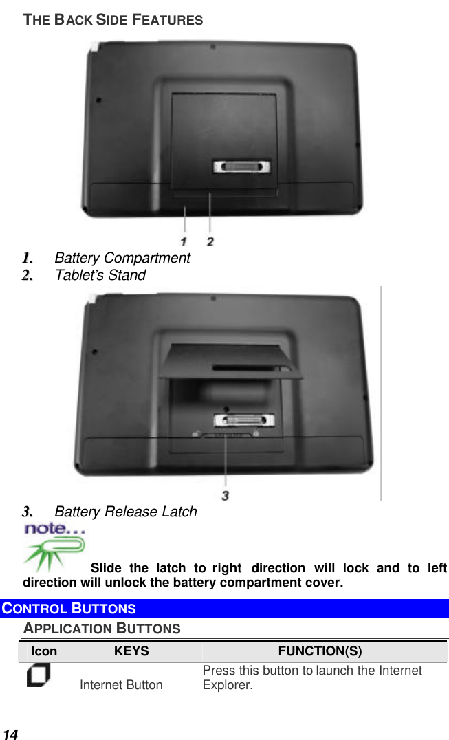  14 THE BACK SIDE FEATURES  11..  Battery Compartment 22..  Tablet’s Stand  33..  Battery Release Latch Slide  the latch to right  direction  will lock and to left direction will unlock the battery compartment cover. CONTROL BUTTONS APPLICATION BUTTONS Icon KEYS FUNCTION(S)   Internet Button Press this button to launch the Internet Explorer. 