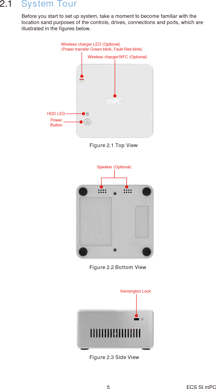 2.1 System TourBefore you start to set up system, take a moment to become familiar with thelocation sand purposes of the controls, drives, connections and ports, which areillustrated in the figures below.Figure 2.1 Top ViewFigure 2.2 Bottom ViewFigure 2.3 Side ViewWireless charger LED (Optional)(Power transfer Green blink, Fault Red blink)HDD LEDPowerButtonWireless charger/NFC (Optional)Speaker (Optional)Kensington Lock5 ECS SI mPC