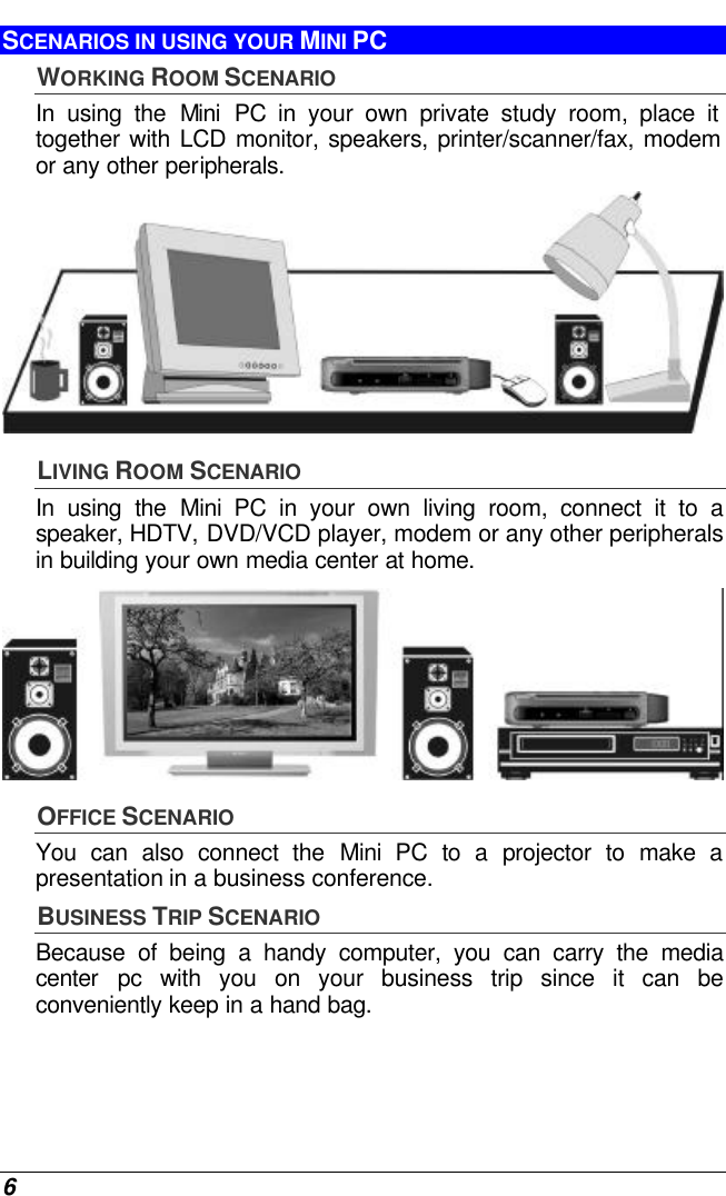  6 SCENARIOS IN USING YOUR MINI PC WORKING ROOM SCENARIO In using the Mini PC in your own private study room, place it together with LCD monitor, speakers, printer/scanner/fax, modem or any other peripherals.  LIVING ROOM SCENARIO In using the Mini PC in your own living room, connect it to a speaker, HDTV, DVD/VCD player, modem or any other peripherals in building your own media center at home.  OFFICE SCENARIO You can also connect the Mini PC to a projector to make a presentation in a business conference.  BUSINESS TRIP SCENARIO Because of being a handy computer, you can carry the media center pc with you on your business trip since it can be conveniently keep in a hand bag. 