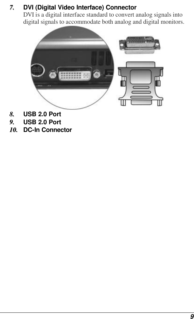  9 77..  DVI (Digital Video Interface) Connector DVI is a digital interface standard to convert analog signals into digital signals to accommodate both analog and digital monitors.  88..  USB 2.0 Port 99..  USB 2.0 Port 1100..  DC-In Connector 