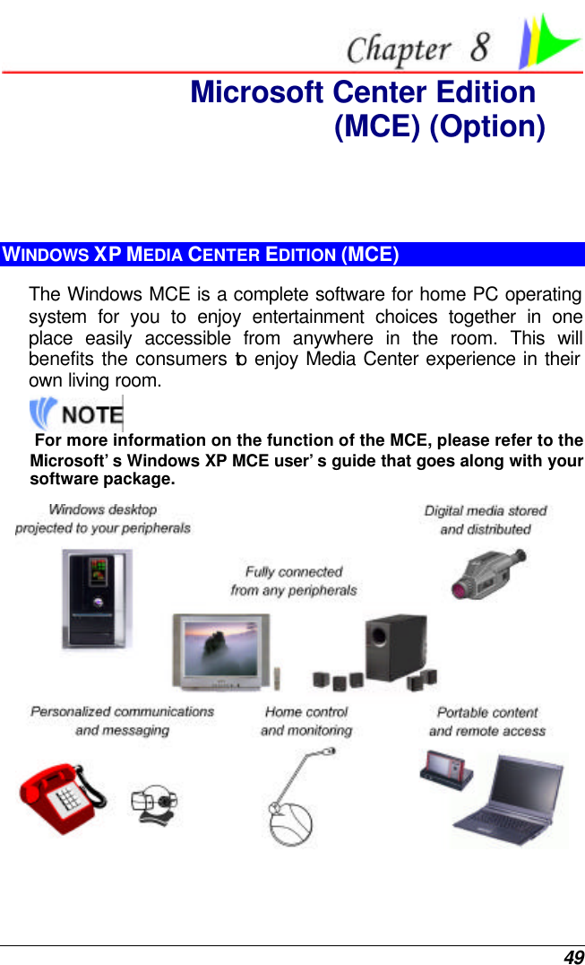  49  Microsoft Center Edition  (MCE) (Option) WINDOWS XP MEDIA CENTER EDITION (MCE) The Windows MCE is a complete software for home PC operating system for you to enjoy entertainment choices together in one place easily accessible from anywhere in the room. This will benefits the consumers to enjoy Media Center experience in their own living room.     For more information on the function of the MCE, please refer to the Microsoft’s Windows XP MCE user’s guide that goes along with your software package.  