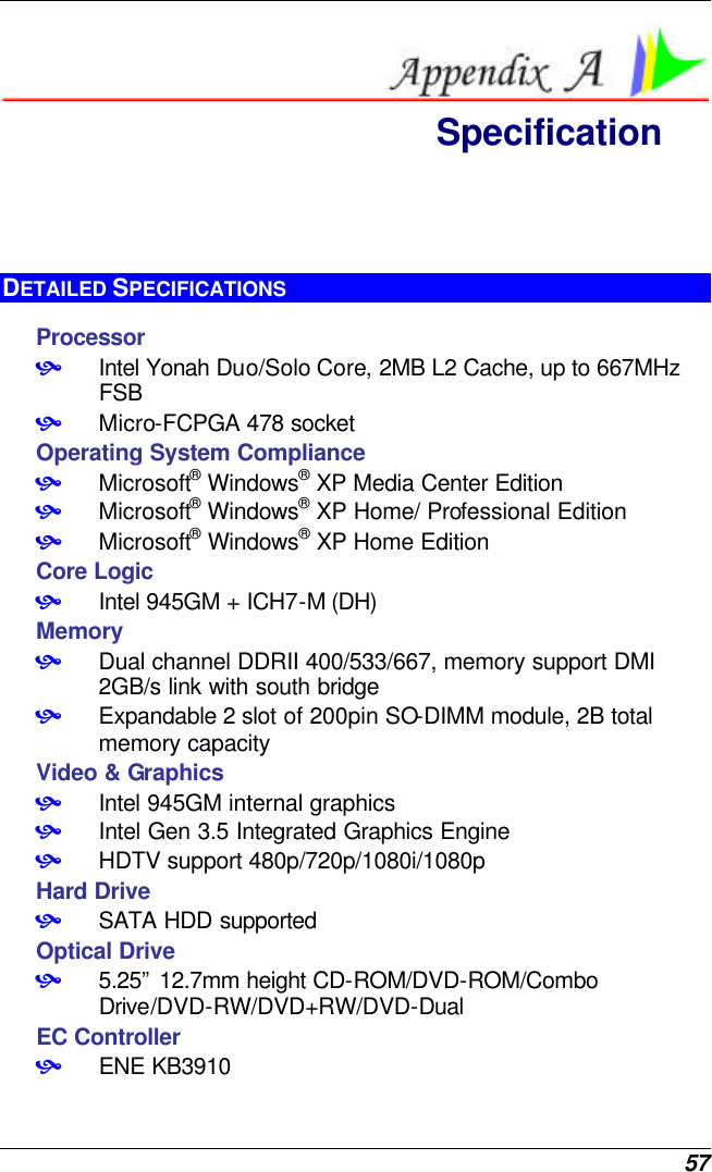  57  Specification DETAILED SPECIFICATIONS Processor  • Intel Yonah Duo/Solo Core, 2MB L2 Cache, up to 667MHz FSB • Micro-FCPGA 478 socket Operating System Compliance • Microsoft® Windows® XP Media Center Edition • Microsoft® Windows® XP Home/ Professional Edition • Microsoft® Windows® XP Home Edition Core Logic • Intel 945GM + ICH7-M (DH) Memory • Dual channel DDRII 400/533/667, memory support DMI 2GB/s link with south bridge • Expandable 2 slot of 200pin SO-DIMM module, 2B total memory capacity Video &amp; Graphics • Intel 945GM internal graphics • Intel Gen 3.5 Integrated Graphics Engine • HDTV support 480p/720p/1080i/1080p Hard Drive • SATA HDD supported Optical Drive • 5.25” 12.7mm height CD-ROM/DVD-ROM/Combo Drive/DVD-RW/DVD+RW/DVD-Dual EC Controller • ENE KB3910 