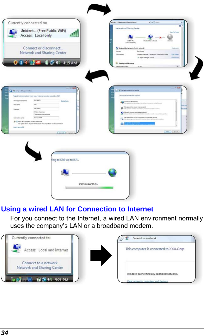  34  Using a wired LAN for Connection to Internet For you connect to the Internet, a wired LAN environment normally uses the company’s LAN or a broadband modem.  