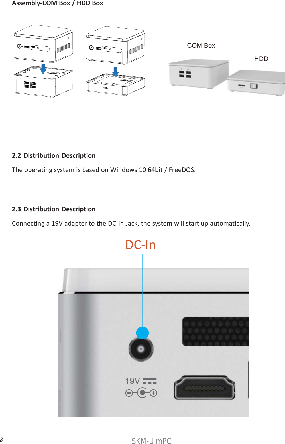 8SKM-U mPC2.2 Distribution DescriptionThe operating system is based on Windows 10 64bit / FreeDOS.2.3 Distribution DescriptionConnecting a 19V adapter to the DC-In Jack, the system will start up automatically.DC-InAssembly-COM Box / HDD BoxCOM BoxHDD