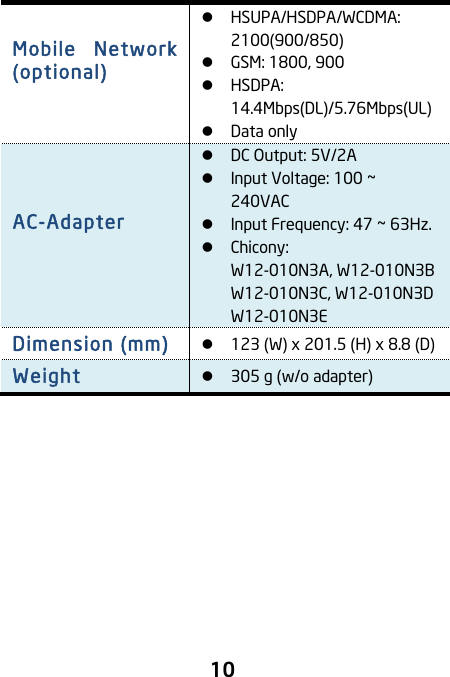                               10 Mobile  Network (optional)   ! HSUPA/HSDPA/WCDMA: 2100(900/850)   ! GSM: 1800, 900 ! HSDPA: 14.4Mbps(DL)/5.76Mbps(UL) ! Data only AC-Adapter    ! DC Output: 5V/2A   ! Input Voltage: 100 ~ 240VAC ! Input Frequency: 47 ~ 63Hz. ! Chicony: W12-010N3A, W12-010N3B W12-010N3C, W12-010N3D W12-010N3E Dimension (mm) ! 123 (W) x 201.5 (H) x 8.8 (D)   Weight ! 305 g (w/o adapter)         