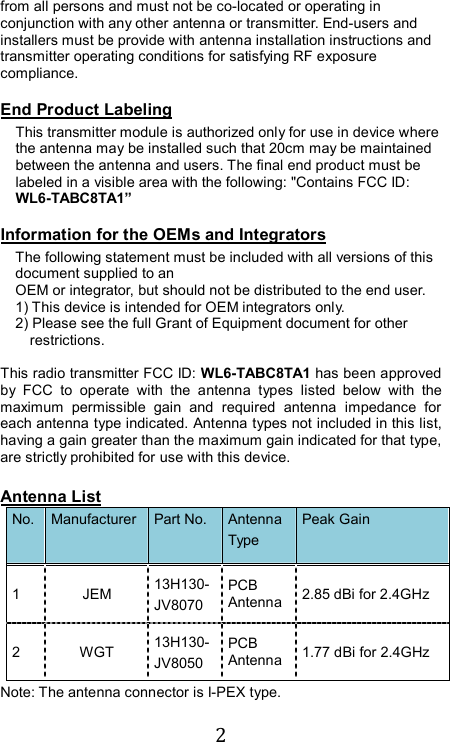  2 from all persons and must not be co-located or operating in conjunction with any other antenna or transmitter. End-users and installers must be provide with antenna installation instructions and transmitter operating conditions for satisfying RF exposure compliance.  End Product Labeling This transmitter module is authorized only for use in device where the antenna may be installed such that 20cm may be maintained between the antenna and users. The final end product must be labeled in a visible area with the following: &quot;Contains FCC ID: WL6-TABC8TA1”    Information for the OEMs and Integrators The following statement must be included with all versions of this document supplied to an OEM or integrator, but should not be distributed to the end user. 1) This device is intended for OEM integrators only. 2) Please see the full Grant of Equipment document for other restrictions.  This radio transmitter FCC ID: WL6-TABC8TA1 has been approved by  FCC  to  operate  with  the  antenna  types  listed  below  with  the maximum  permissible  gain  and  required  antenna  impedance  for each antenna type indicated. Antenna types not included in this list, having a gain greater than the maximum gain indicated for that type, are strictly prohibited for use with this device.  Antenna List No. Manufacturer Part No. Antenna Type Peak Gain 1 JEM 13H130-JV8070 PCB Antenna 2.85 dBi for 2.4GHz 2  WGT  13H130-JV8050 PCB Antenna 1.77 dBi for 2.4GHz Note: The antenna connector is I-PEX type. 