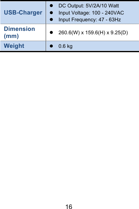                               16 USB-Charger ! DC Output: 5V/2A/10 Watt ! Input Voltage: 100 - 240VAC ! Input Frequency: 47 - 63Hz   Dimension (mm) ! 260.6(W) x 159.6(H) x 9.25(D)   Weight ! 0.6 kg    