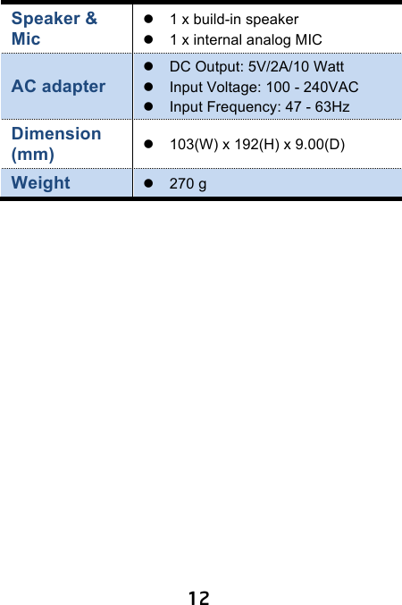                               12 Speaker &amp; Mic   ! 1 x build-in speaker ! 1 x internal analog MIC AC adapter ! DC Output: 5V/2A/10 Watt ! Input Voltage: 100 - 240VAC ! Input Frequency: 47 - 63Hz   Dimension (mm) ! 103(W) x 192(H) x 9.00(D)   Weight ! 270 g    