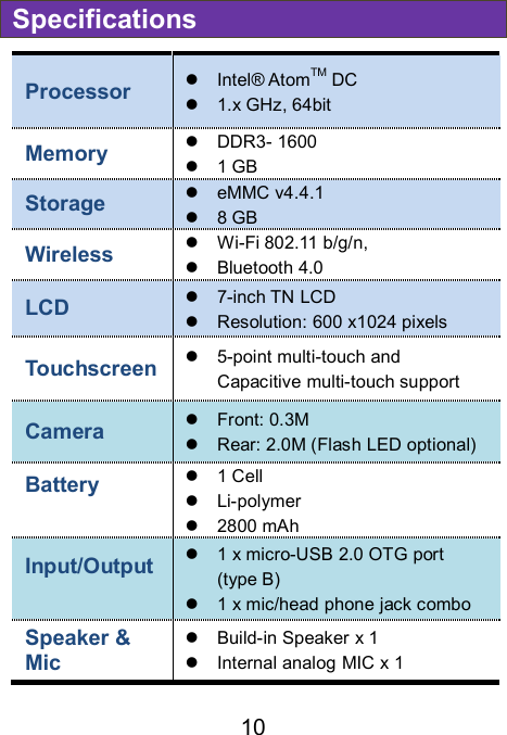                               10Specifications Processor    Intel® AtomTM DC   1.x GHz, 64bit Memory    DDR3- 1600     1 GB   Storage    eMMC v4.4.1   8 GB   Wireless      Wi-Fi 802.11 b/g/n,   Bluetooth 4.0 LCD    7-inch TN LCD   Resolution: 600 x1024 pixels Touchscreen   5-point multi-touch and Capacitive multi-touch support Camera    Front: 0.3M   Rear: 2.0M (Flash LED optional) Battery      1 Cell     Li-polymer   2800 mAh Input/Output     1 x micro-USB 2.0 OTG port (type B)   1 x mic/head phone jack combo   Speaker &amp; Mic     Build-in Speaker x 1   Internal analog MIC x 1 