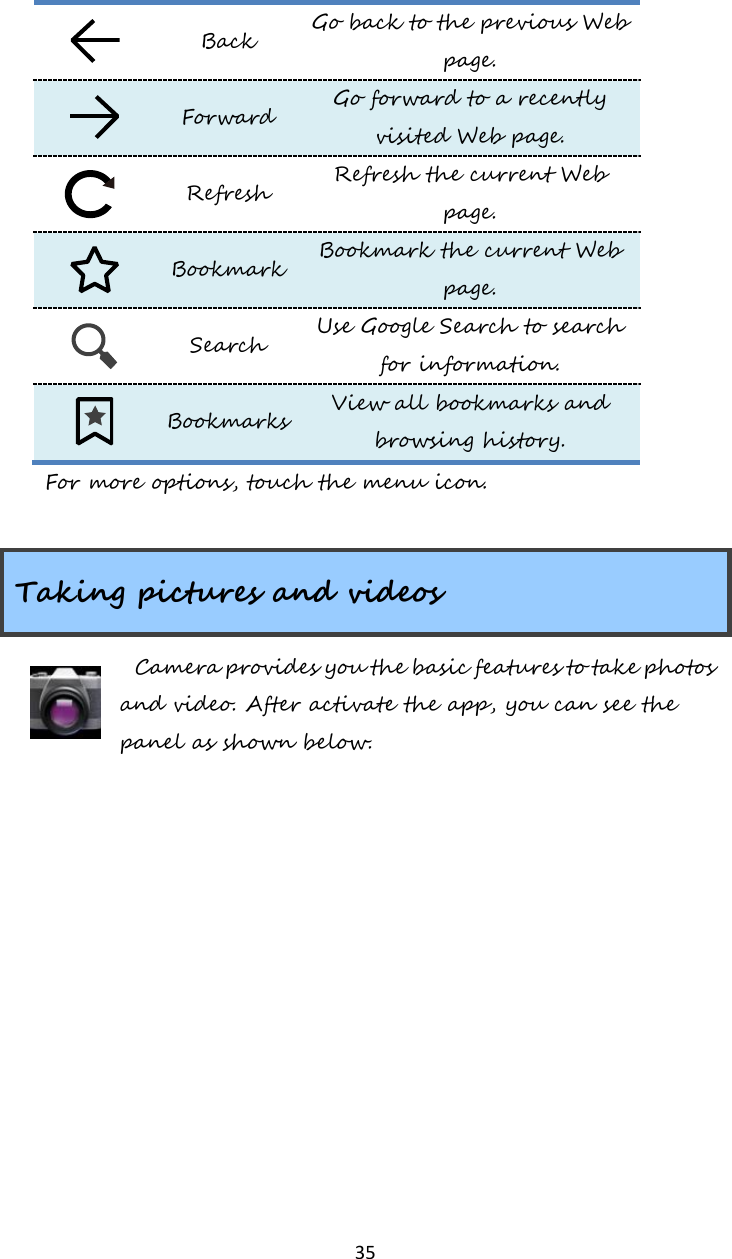   35  Back Go back to the previous Web page.  Forward Go forward to a recently visited Web page.  Refresh Refresh the current Web page.  Bookmark Bookmark the current Web page.  Search Use Google Search to search for information.  Bookmarks View all bookmarks and browsing history. For more options, touch the menu icon.  Taking pictures and videos Camera provides you the basic features to take photos and video. After activate the app, you can see the panel as shown below.  