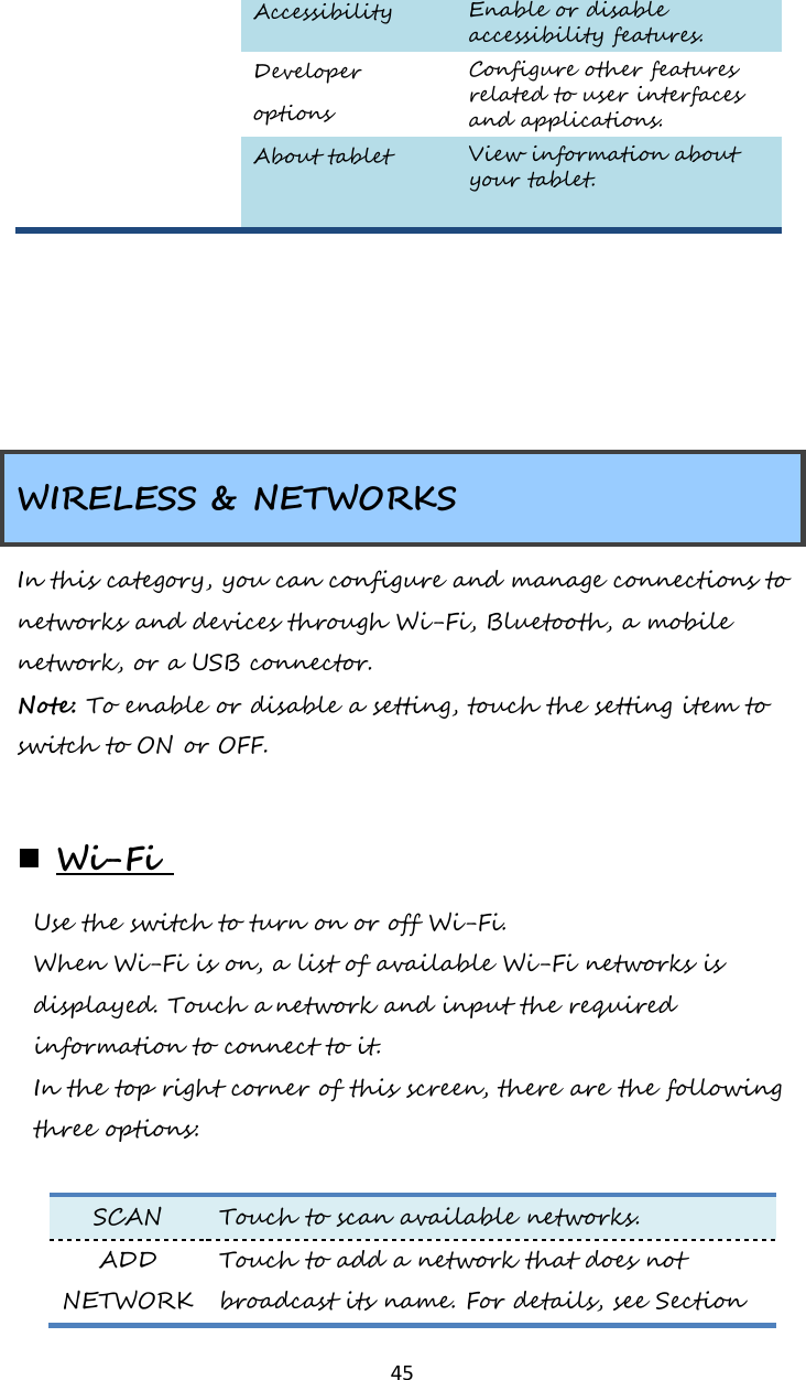   45  Accessibility Enable or disable accessibility features.  Developer options Configure other features related to user interfaces and applications.  About tablet View information about your tablet.         WIRELESS &amp; NETWORKS In this category, you can configure and manage connections to networks and devices through Wi-Fi, Bluetooth, a mobile network, or a USB connector. Note: To enable or disable a setting, touch the setting item to switch to ON or OFF.    Wi-Fi  Use the switch to turn on or off Wi-Fi. When Wi-Fi is on, a list of available Wi-Fi networks is displayed. Touch a network and input the required information to connect to it.  In the top right corner of this screen, there are the following three options:  SCAN Touch to scan available networks. ADD NETWORK Touch to add a network that does not broadcast its name. For details, see Section 