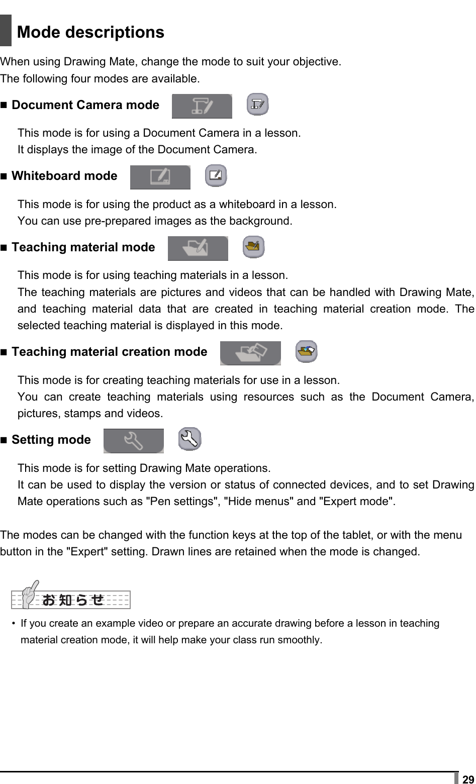  29   Mode descriptions  When using Drawing Mate, change the mode to suit your objective. The following four modes are available. ▪ Document Camera mode   This mode is for using a Document Camera in a lesson. It displays the image of the Document Camera. ▪ Whiteboard mode   This mode is for using the product as a whiteboard in a lesson. You can use pre-prepared images as the background. ▪ Teaching material mode   This mode is for using teaching materials in a lesson. The teaching materials are pictures and videos that can be handled with Drawing Mate, and teaching material data that are created in teaching material creation mode. The selected teaching material is displayed in this mode. ▪ Teaching material creation mode   This mode is for creating teaching materials for use in a lesson. You can create teaching materials using resources such as the Document Camera, pictures, stamps and videos. ▪ Setting mode   This mode is for setting Drawing Mate operations. It can be used to display the version or status of connected devices, and to set Drawing Mate operations such as &quot;Pen settings&quot;, &quot;Hide menus&quot; and &quot;Expert mode&quot;.  The modes can be changed with the function keys at the top of the tablet, or with the menu button in the &quot;Expert&quot; setting. Drawn lines are retained when the mode is changed.   •  If you create an example video or prepare an accurate drawing before a lesson in teaching material creation mode, it will help make your class run smoothly.  