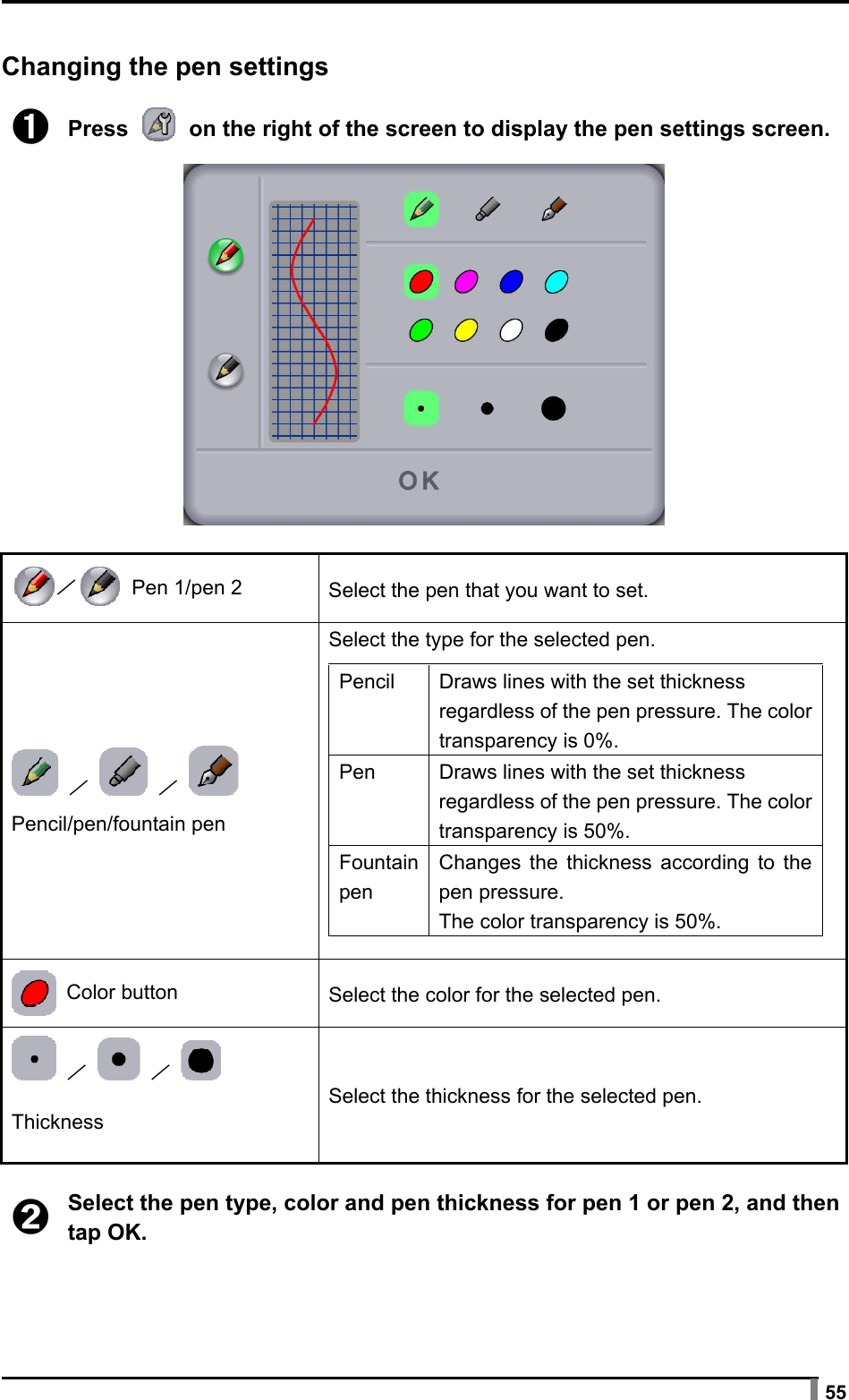  55  Changing the pen settings  ➊ Press   on the right of the screen to display the pen settings screen.    ／ Pen 1/pen 2 Select the pen that you want to set.  ／    ／   Pencil/pen/fountain pen Select the type for the selected pen.  Pencil  Draws lines with the set thickness regardless of the pen pressure. The color transparency is 0%. Pen  Draws lines with the set thickness regardless of the pen pressure. The color transparency is 50%. Fountain pen Changes the thickness according to the pen pressure. The color transparency is 50%.   Color button Select the color for the selected pen.  ／    ／   Thickness Select the thickness for the selected pen.   ➋ Select the pen type, color and pen thickness for pen 1 or pen 2, and then tap OK.  