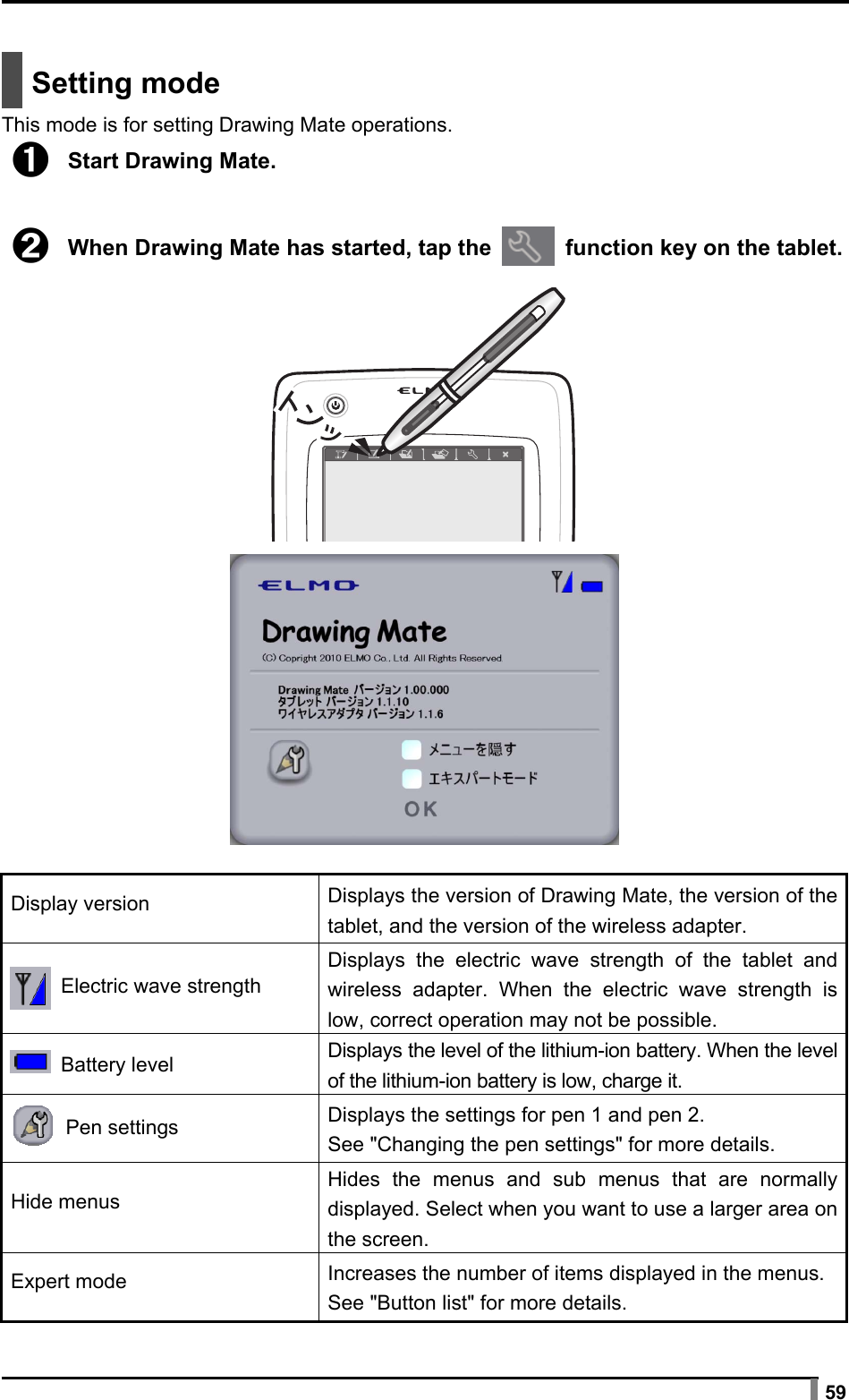  59   Setting mode This mode is for setting Drawing Mate operations. ➊ Start Drawing Mate.  ➋ When Drawing Mate has started, tap the   function key on the tablet.    Display version  Displays the version of Drawing Mate, the version of the tablet, and the version of the wireless adapter.  Electric wave strength Displays the electric wave strength of the tablet and wireless adapter. When the electric wave strength is low, correct operation may not be possible.  Battery level  Displays the level of the lithium-ion battery. When the level of the lithium-ion battery is low, charge it.  Pen settings  Displays the settings for pen 1 and pen 2. See &quot;Changing the pen settings&quot; for more details. Hide menus Hides the menus and sub menus that are normally displayed. Select when you want to use a larger area on the screen. Expert mode  Increases the number of items displayed in the menus. See &quot;Button list&quot; for more details. 