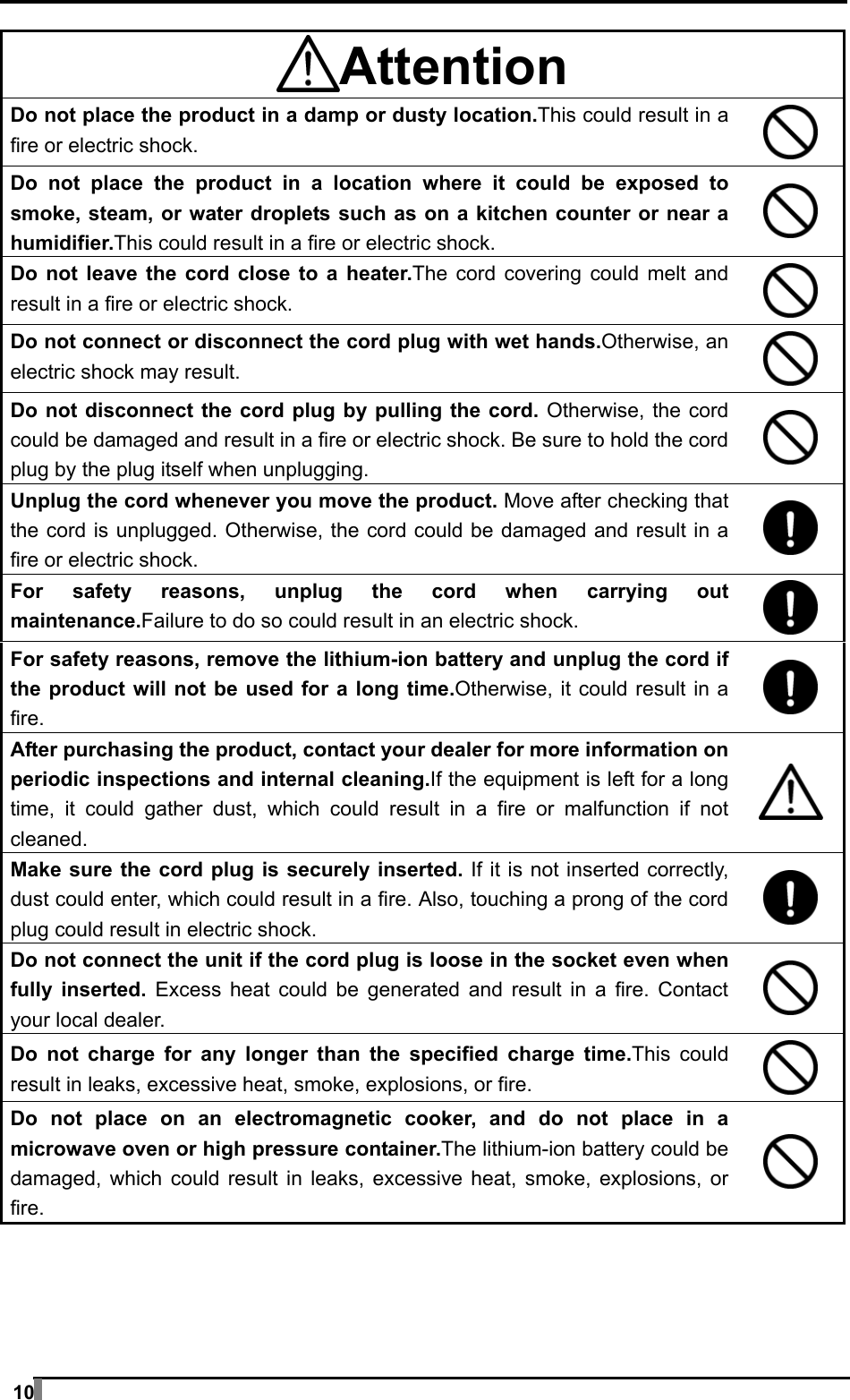  10  Attention Do not place the product in a damp or dusty location.This could result in a fire or electric shock.   Do not place the product in a location where it could be exposed to smoke, steam, or water droplets such as on a kitchen counter or near a humidifier.This could result in a fire or electric shock.   Do not leave the cord close to a heater.The cord covering could melt and result in a fire or electric shock.   Do not connect or disconnect the cord plug with wet hands.Otherwise, an electric shock may result.   Do not disconnect the cord plug by pulling the cord. Otherwise, the cord could be damaged and result in a fire or electric shock. Be sure to hold the cord plug by the plug itself when unplugging.   Unplug the cord whenever you move the product. Move after checking that the cord is unplugged. Otherwise, the cord could be damaged and result in a fire or electric shock.   For safety reasons, unplug the cord when carrying out maintenance.Failure to do so could result in an electric shock.   For safety reasons, remove the lithium-ion battery and unplug the cord if the product will not be used for a long time.Otherwise, it could result in a fire.   After purchasing the product, contact your dealer for more information on periodic inspections and internal cleaning.If the equipment is left for a long time, it could gather dust, which could result in a fire or malfunction if not cleaned.  Make sure the cord plug is securely inserted. If it is not inserted correctly, dust could enter, which could result in a fire. Also, touching a prong of the cord plug could result in electric shock.   Do not connect the unit if the cord plug is loose in the socket even when fully inserted. Excess heat could be generated and result in a fire. Contact your local dealer.   Do not charge for any longer than the specified charge time.This could result in leaks, excessive heat, smoke, explosions, or fire.   Do not place on an electromagnetic cooker, and do not place in a microwave oven or high pressure container.The lithium-ion battery could be damaged, which could result in leaks, excessive heat, smoke, explosions, or fire.    