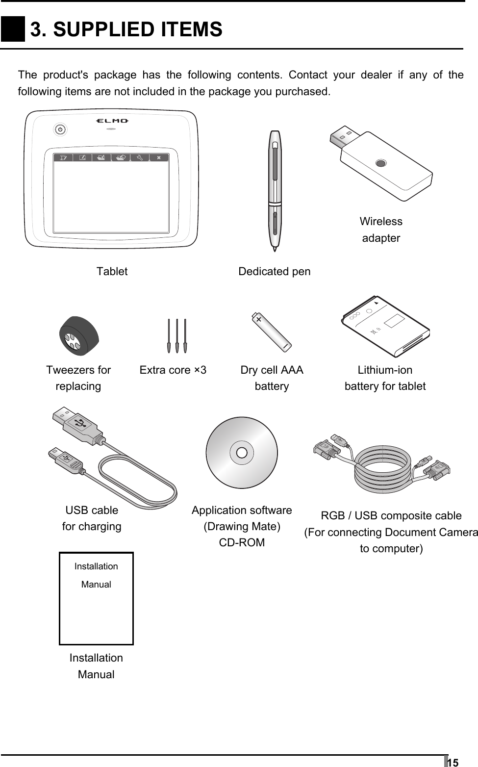  15     3. SUPPLIED ITEMS    The product&apos;s package has the following contents. Contact your dealer if any of the following items are not included in the package you purchased.        Installation Manual Tablet Tweezers for replacing  Installation   Manual Wireless adapter Dedicated penLithium-ion  battery for tablet Extra core ×3 Dry cell AAA battery USB cable   for charging RGB / USB composite cable (For connecting Document Camerato computer) Application software (Drawing Mate) CD-ROM 