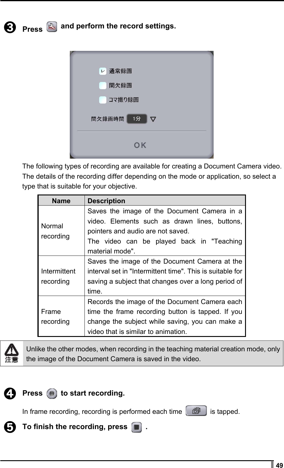  49  ➌ Press    and perform the record settings.   The following types of recording are available for creating a Document Camera video. The details of the recording differ depending on the mode or application, so select a type that is suitable for your objective.  Name  Description Normal recording Saves the image of the Document Camera in a video. Elements such as drawn lines, buttons, pointers and audio are not saved. The video can be played back in &quot;Teaching material mode&quot;. Intermittent recording Saves the image of the Document Camera at the interval set in &quot;Intermittent time&quot;. This is suitable for saving a subject that changes over a long period of time. Frame recording Records the image of the Document Camera each time the frame recording button is tapped. If you change the subject while saving, you can make a video that is similar to animation.   Unlike the other modes, when recording in the teaching material creation mode, only the image of the Document Camera is saved in the video.   ➍ Press    to start recording.  In frame recording, recording is performed each time   is tapped.  ➎ To finish the recording, press   .  