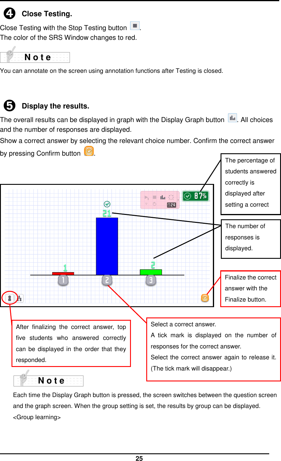  25 ➍ Close Testing. Close Testing with the Stop Testing button  . The color of the SRS Window changes to red.   You can annotate on the screen using annotation functions after Testing is closed.   ➎ Display the results. The overall results can be displayed in graph with the Display Graph button  . All choices and the number of responses are displayed. Show a correct answer by selecting the relevant choice number. Confirm the correct answer by pressing Confirm button  .           Each time the Display Graph button is pressed, the screen switches between the question screen and the graph screen. When the group setting is set, the results by group can be displayed. &lt;Group learning&gt;     Select a correct answer.   A  tick  mark  is  displayed  on  the  number  of responses for the correct answer. Select the correct answer again to release it. (The tick mark will disappear.) The number of responses is displayed.  The percentage of students answered correctly is displayed after setting a correct answer. After  finalizing  the  correct  answer,  top five  students  who  answered  correctly can be  displayed in the  order  that they responded. Finalize the correct answer with the Finalize button. N o t e N o t e 