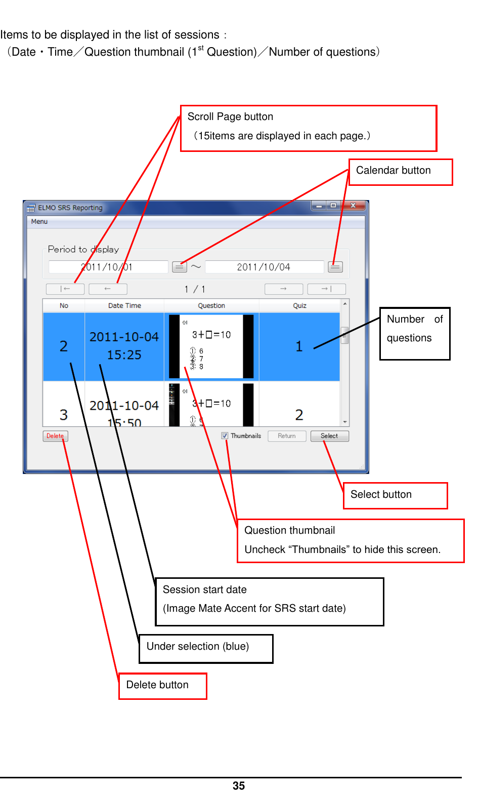  35  Items to be displayed in the list of sessions： （Date・Time／Question thumbnail (1st Question)／Number of questions）                                         Number  of questions Scroll Page button （15items are displayed in each page.） Question thumbnail Uncheck “Thumbnails” to hide this screen. Session start date (Image Mate Accent for SRS start date) Calendar button Under selection (blue) Delete button Select button 