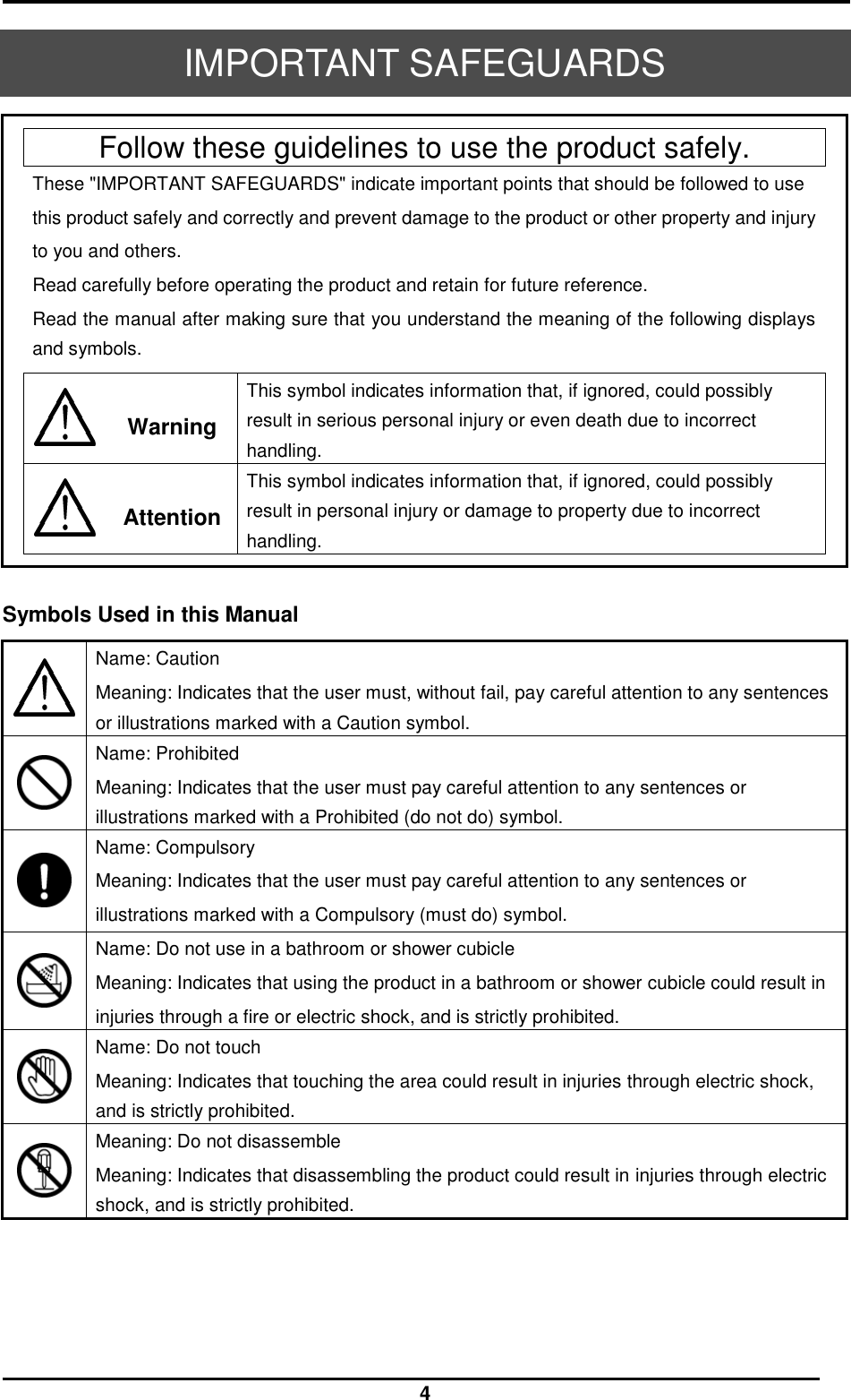  4  IMPORTANT SAFEGUARDS     Follow these guidelines to use the product safely.   These &quot;IMPORTANT SAFEGUARDS&quot; indicate important points that should be followed to use this product safely and correctly and prevent damage to the product or other property and injury to you and others. Read carefully before operating the product and retain for future reference. Read the manual after making sure that you understand the meaning of the following displays and symbols.       Warning This symbol indicates information that, if ignored, could possibly result in serious personal injury or even death due to incorrect handling.    Attention This symbol indicates information that, if ignored, could possibly result in personal injury or damage to property due to incorrect handling.      Symbols Used in this Manual   Name: Caution Meaning: Indicates that the user must, without fail, pay careful attention to any sentences or illustrations marked with a Caution symbol.  Name: Prohibited Meaning: Indicates that the user must pay careful attention to any sentences or illustrations marked with a Prohibited (do not do) symbol.  Name: Compulsory Meaning: Indicates that the user must pay careful attention to any sentences or illustrations marked with a Compulsory (must do) symbol.  Name: Do not use in a bathroom or shower cubicle Meaning: Indicates that using the product in a bathroom or shower cubicle could result in injuries through a fire or electric shock, and is strictly prohibited.  Name: Do not touch Meaning: Indicates that touching the area could result in injuries through electric shock, and is strictly prohibited.  Meaning: Do not disassemble Meaning: Indicates that disassembling the product could result in injuries through electric shock, and is strictly prohibited.      