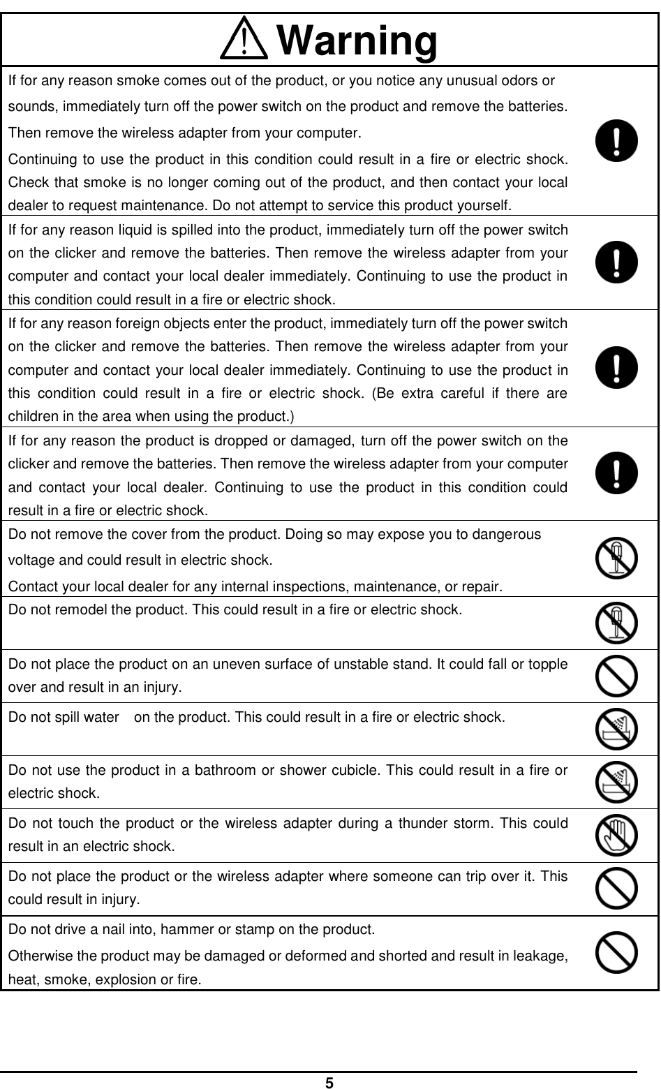  5  Warning If for any reason smoke comes out of the product, or you notice any unusual odors or sounds, immediately turn off the power switch on the product and remove the batteries. Then remove the wireless adapter from your computer. Continuing to use the product in this condition could result in a  fire or electric shock. Check that smoke is no longer coming out of the product, and then contact your local dealer to request maintenance. Do not attempt to service this product yourself.  If for any reason liquid is spilled into the product, immediately turn off the power switch on the clicker and remove the batteries. Then remove the wireless adapter from your computer and contact your local dealer immediately. Continuing to use the product in this condition could result in a fire or electric shock.  If for any reason foreign objects enter the product, immediately turn off the power switch on the clicker and remove the batteries. Then remove the wireless adapter from your computer and contact your local dealer immediately. Continuing to use the product in this  condition  could  result  in  a  fire  or  electric  shock.  (Be  extra  careful  if  there  are children in the area when using the product.)  If for any reason the product is dropped or damaged, turn off the power switch on the clicker and remove the batteries. Then remove the wireless adapter from your computer and  contact  your  local  dealer.  Continuing  to  use  the  product  in  this  condition  could result in a fire or electric shock.  Do not remove the cover from the product. Doing so may expose you to dangerous voltage and could result in electric shock. Contact your local dealer for any internal inspections, maintenance, or repair.  Do not remodel the product. This could result in a fire or electric shock.  Do not place the product on an uneven surface of unstable stand. It could fall or topple over and result in an injury.  Do not spill water on the product. This could result in a fire or electric shock.    Do not use the product in a bathroom or shower cubicle. This could result in a fire or electric shock.  Do not touch the product or the wireless adapter during a thunder storm. This could result in an electric shock.  Do not place the product or the wireless adapter where someone can trip over it. This could result in injury.    Do not drive a nail into, hammer or stamp on the product. Otherwise the product may be damaged or deformed and shorted and result in leakage, heat, smoke, explosion or fire.    