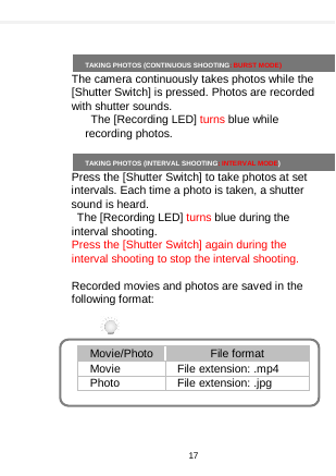      TAKING PHOTOS (CONTINUOUS SHOOTING: BURST MODE) The camera continuously takes photos while the [Shutter Switch] is pressed. Photos are recorded with shutter sounds.  The [Recording LED] turns blue while recording photos.    TAKING PHOTOS (INTERVAL SHOOTING: INTERVAL MODE) Press the [Shutter Switch] to take photos at set intervals. Each time a photo is taken, a shutter sound is heard.    The [Recording LED] turns blue during the interval shooting. Press the [Shutter Switch] again during the interval shooting to stop the interval shooting.  Recorded movies and photos are saved in the following format:    Movie/Photo File format Movie File extension: .mp4 Photo File extension: .jpg  17  