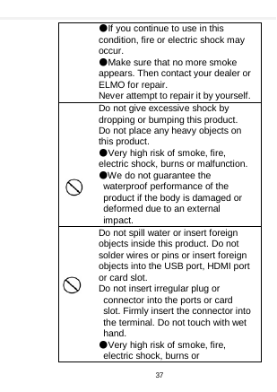    ●If you continue to use in this condition, fire or electric shock may occur. ●Make sure that no more smoke appears. Then contact your dealer or ELMO for repair. Never attempt to repair it by yourself.   Do not give excessive shock by dropping or bumping this product. Do not place any heavy objects on this product. ●Very high risk of smoke, fire, electric shock, burns or malfunction. ●We do not guarantee the waterproof performance of the product if the body is damaged or deformed due to an external impact. Do not spill water or insert foreign objects inside this product. Do not solder wires or pins or insert foreign objects into the USB port, HDMI port or card slot. Do not insert irregular plug or connector into the ports or card slot. Firmly insert the connector into the terminal. Do not touch with wet hand. ●Very high risk of smoke, fire, electric shock, burns or 37  