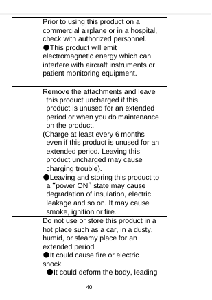    Prior to using this product on a commercial airplane or in a hospital, check with authorized personnel. ●This product will emit electromagnetic energy which can interfere with aircraft instruments or patient monitoring equipment.    Remove the attachments and leave this product uncharged if this product is unused for an extended period or when you do maintenance on the product. (Charge at least every 6 months even if this product is unused for an extended period. Leaving this product uncharged may cause charging trouble). ●Leaving and storing this product to a “power ON” state may cause degradation of insulation, electric leakage and so on. It may cause smoke, ignition or fire. Do not use or store this product in a hot place such as a car, in a dusty, humid, or steamy place for an extended period. ●It could cause fire or electric shock. ●It could deform the body, leading 40  