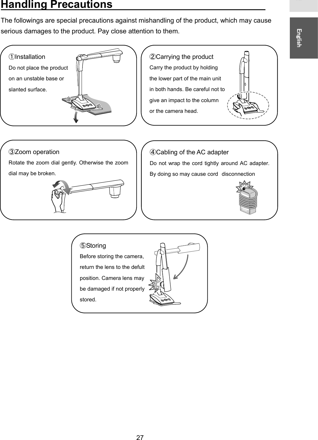   27 㻌㻌᪥ᮏㄒ㻌㻌㻌㻌㻌㻱㼚㼓㼘㼕㼟㼔㻌㻌Handling Precautions㻌㻌㻌㻌㻌㻌㻌㻌㻌㻌㻌㻌㻌㻌㻌㻌㻌㻌㻌㻌㻌 The followings are special precautions against mishandling of the product, which may cause serious damages to the product. Pay close attention to them.                                   յStoring Before storing the camera, return the lens to the defult position. Camera lens may be damaged if not properly stored. ճZoom operation Rotate the zoom dial gently. Otherwise the zoom dial may be broken. ձInstallation Do not place the product on an unstable base or slanted surface.  㻌ղCarrying the product Carry the product by holding the lower part of the main unit in both hands. Be careful not to give an impact to the column or the camera head. մCabling of the AC adapter Do not wrap the cord tightly around AC adapter. By doing so may cause cord㻌disconnection  