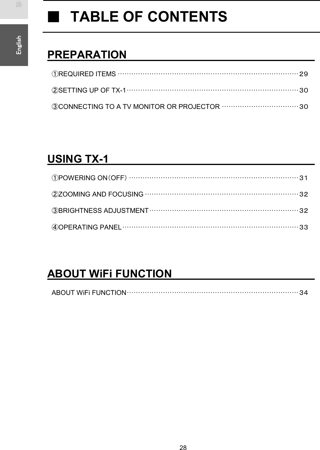   28 ᪥ᮏㄒ㻌㻌㻌㻌㻱㼚㼓㼘㼕㼟㼔㻌㻌  䕔㻌TABLE OF CONTENTS    PREPARATION㻌㻌㻌㻌㻌㻌㻌㻌㻌㻌㻌㻌㻌㻌㻌㻌㻌㻌㻌㻌㻌㻌㻌㻌㻌㻌㻌㻌㻌㻌 䐟REQUIRED ITEMS ················································································ 䠎䠕 䐠SETTING UP OF TX-1 ············································································ 䠏䠌 䐡CONNECTING TO A TV MONITOR OR PROJECTOR ·································· 䠏䠌    USING TX-1           㻌㻌㻌㻌㻌㻌㻌㻌㻌㻌㻌㻌㻌㻌㻌 㻌㻌㻌㻌㻌㻌㻌㻌 䐟POWERING ON䠄OFF䠅 ··········································································· 䠏䠍 䐠ZOOMING AND FOCUSING ···································································· 䠏䠎 䐡BRIGHTNESS ADJUSTMENT ·································································· 䠏䠎 䐢OPERATING PANEL ·············································································· 䠏䠏   ABOUT WiFi FUNCTION㻌㻌㻌㻌㻌㻌㻌㻌㻌㻌㻌㻌㻌㻌㻌㻌㻌㻌㻌㻌 㻌 㻌 㻌 㻌 㻌㻌㻌㻌㻌ABOUT WiFi FUNCTION ············································································ 䠏䠐         