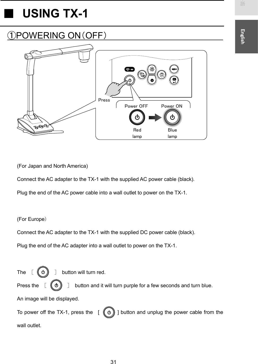   31 㻌㻌᪥ᮏㄒ㻌㻌㻌㻌㻌㻱㼚㼓㼘㼕㼟㼔㻌㻌  䕔㻌USING TX-1   䐟POWERING ON䠄OFF䠅㻌㻌㻌㻌㻌㻌㻌㻌㻌㻌㻌㻌㻌㻌㻌㻌㻌㻌㻌㻌㻌㻌㻌㻌㻌㻌             (For Japan and North America) Connect the AC adapter to the TX-1 with the supplied AC power cable (black). Plug the end of the AC power cable into a wall outlet to power on the TX-1.  (For Europe㸧 Connect the AC adapter to the TX-1 with the supplied DC power cable (black). Plug the end of the AC adapter into a wall outlet to power on the TX-1.  The  㹙    㹛  button will turn red. Press the  㹙    㹛  button and it will turn purple for a few seconds and turn blue.     An image will be displayed.   To power off the TX-1, press the  [       ] button and unplug the power cable from the wall outlet.   㻼㼛㼣㼑㼞㻌㻻㻲㻲㻌㻼㼛㼣㼑㼞㻌㻻㻺㻌㻾㼑㼐㻌㼘㼍㼙㼜㻌㻮㼘㼡㼑㻌㼘㼍㼙㼜㻌㻼㼞㼑㼟㼟㻌