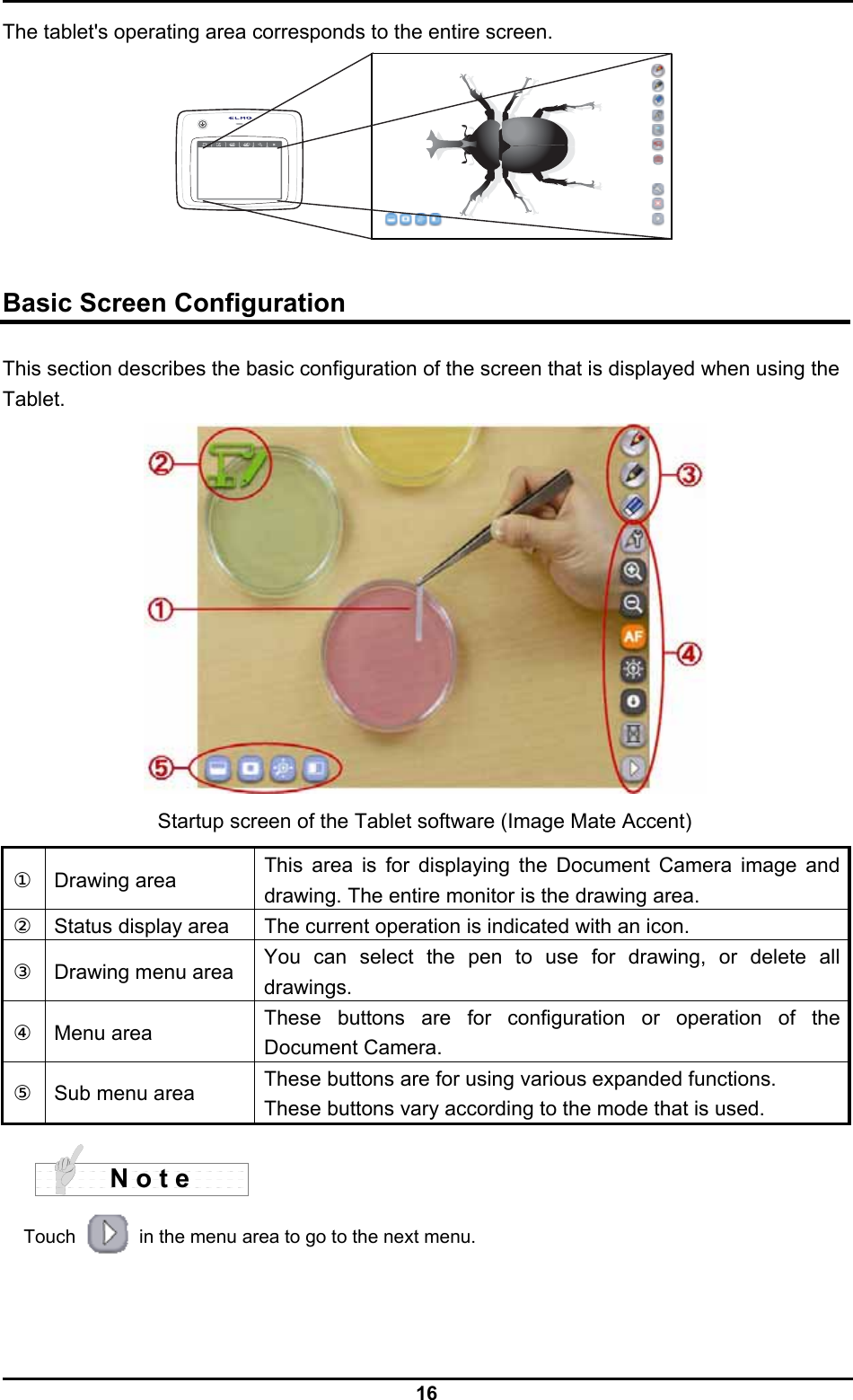  16 The tablet&apos;s operating area corresponds to the entire screen.    Basic Screen Configuration  This section describes the basic configuration of the screen that is displayed when using the Tablet.    Startup screen of the Tablet software (Image Mate Accent)  ① Drawing area This area is for displaying the Document Camera image and drawing. The entire monitor is the drawing area. ② Status display area  The current operation is indicated with an icon. ③ Drawing menu area  You can select the pen to use for drawing, or delete all drawings. ④ Menu area  These buttons are for configuration or operation of the Document Camera. ⑤ Sub menu area  These buttons are for using various expanded functions. These buttons vary according to the mode that is used.   Touch    in the menu area to go to the next menu. N o t e 