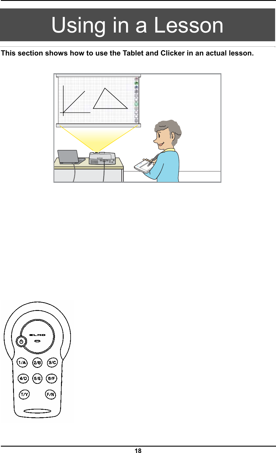  18  Using in a Lesson This section shows how to use the Tablet and Clicker in an actual lesson.                            