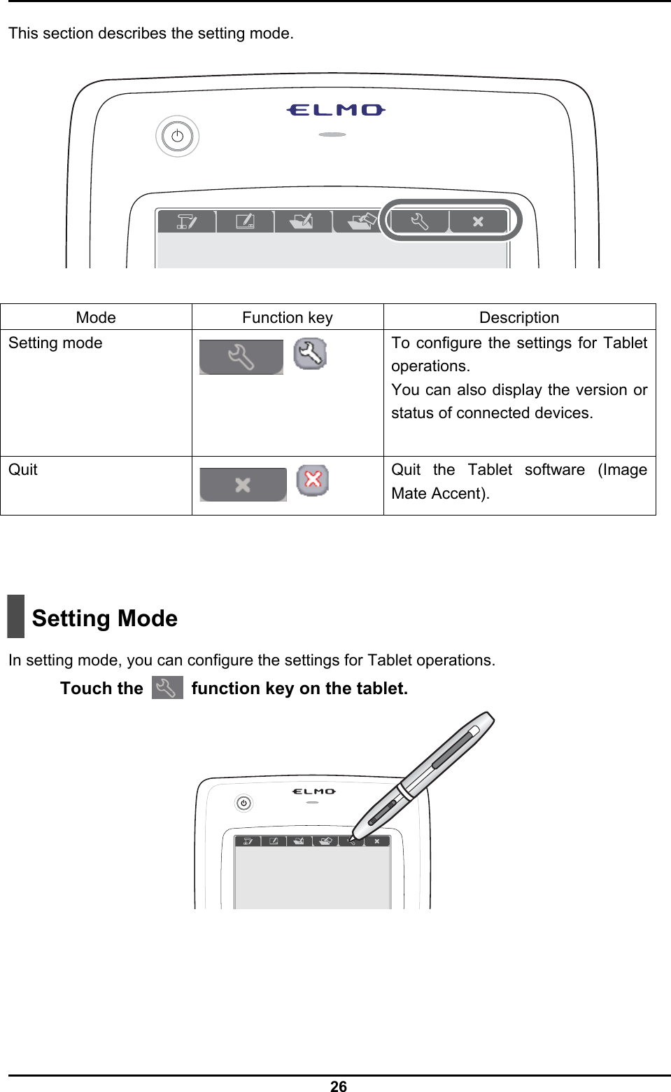  26  This section describes the setting mode.   Mode Function key  Description Setting mode       To configure the settings for Tablet operations. You can also display the version or status of connected devices. Quit    Quit the Tablet software (Image Mate Accent).      Setting Mode    In setting mode, you can configure the settings for Tablet operations.  Touch the    function key on the tablet.   