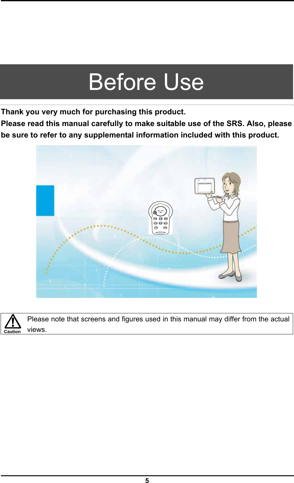  5 Caution      Before Use Thank you very much for purchasing this product. Please read this manual carefully to make suitable use of the SRS. Also, please be sure to refer to any supplemental information included with this product.    Please note that screens and figures used in this manual may differ from the actual views.  