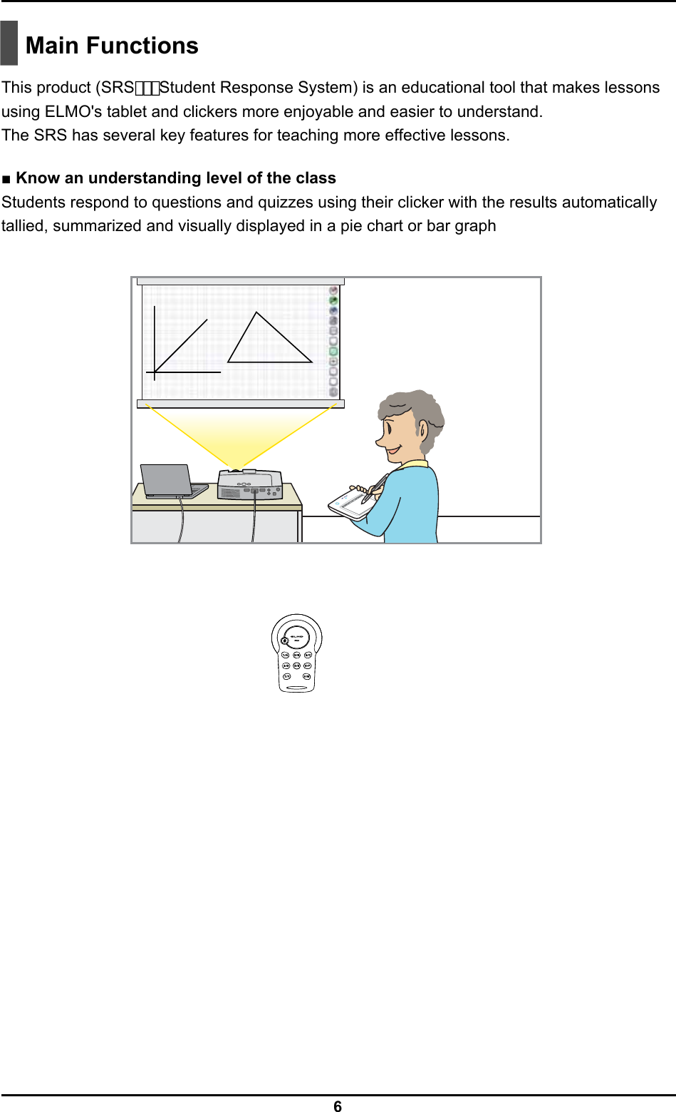  6   Main Functions  This product (SRS･･･Student Response System) is an educational tool that makes lessons using ELMO&apos;s tablet and clickers more enjoyable and easier to understand. The SRS has several key features for teaching more effective lessons.  ■ Know an understanding level of the class   Students respond to questions and quizzes using their clicker with the results automatically tallied, summarized and visually displayed in a pie chart or bar graph   